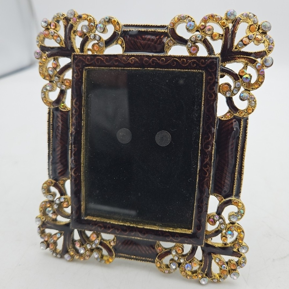 Vintage Ornate Glass Small Picture Frame 2.75" X 2" Jewels Gold‎ Brown